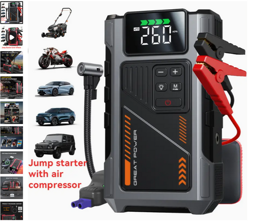 3000A Jump Starter + Portable Air Compressor — 12V, LED Light, USB In/Out (Red)