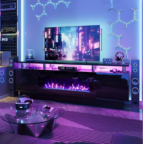 70" Fireplace TV Stand — 36" Electric Fireplace, LED Lighting, Storage, Fits TVs up to 80"